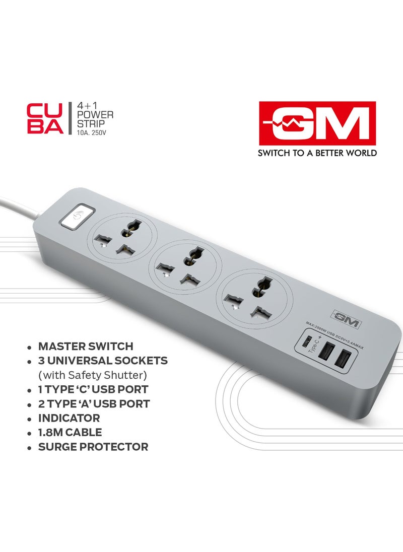 GM GM Cuba 3341 Power Strip with USB TypeC I Extension Cord with Surge Protection I Spike Guard I Fireproof Body Upto 750 Degree I 18M Cord I 34A Max Power Output I 3 International Sockets  - Image 2