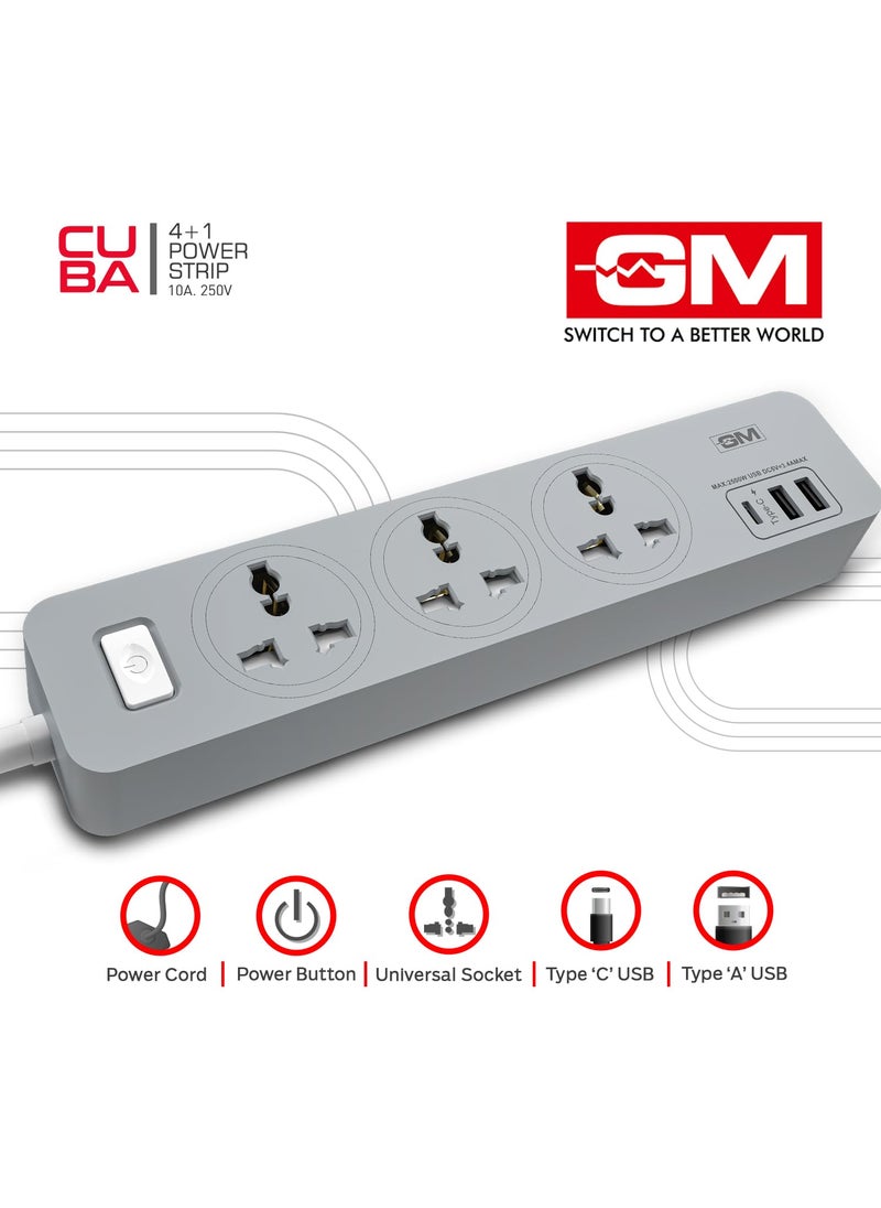 GM GM Cuba 3341 Power Strip with USB TypeC I Extension Cord with Surge Protection I Spike Guard I Fireproof Body Upto 750 Degree I 18M Cord I 34A Max Power Output I 3 International Sockets  - Image 3