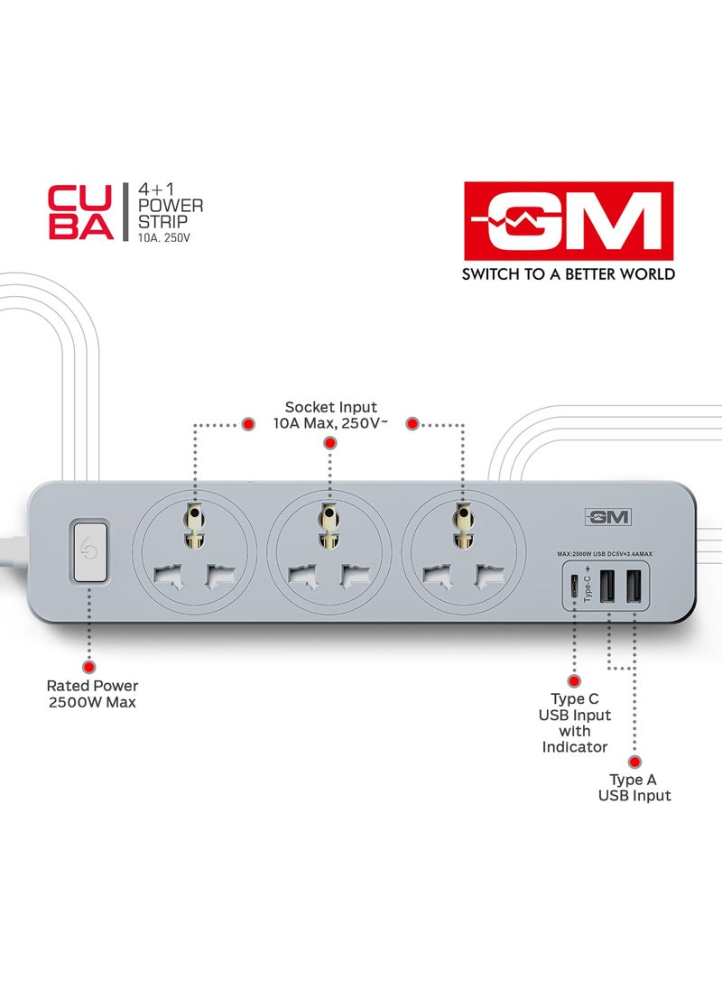 GM GM Cuba 3341 Power Strip with USB TypeC I Extension Cord with Surge Protection I Spike Guard I Fireproof Body Upto 750 Degree I 18M Cord I 34A Max Power Output I 3 International Sockets  - Image 4