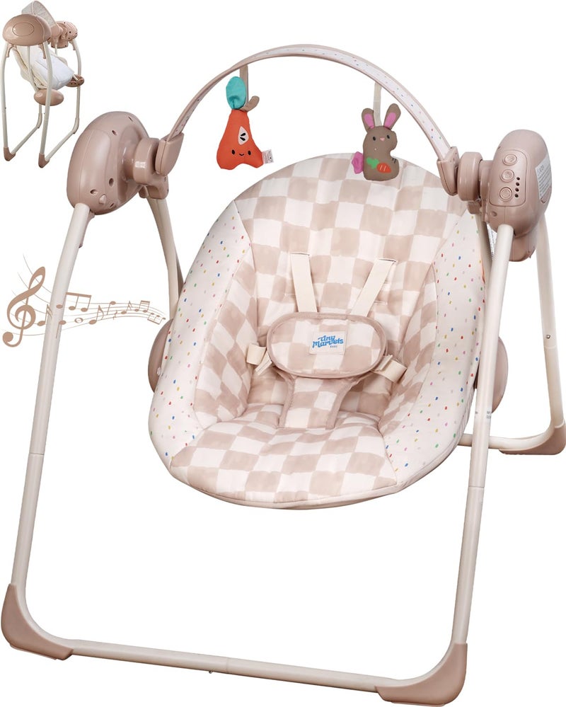 Tiny Marvels Baby Swings for Infants, Tiny Marvels Portable Swing with Adaptable Speed, Music, Removable-Toy-Bar, Foldable Infant Swing for Indoor and Outdoor Use, 0-9 Months 6-20 lbs(Sander Checker) - Image 1