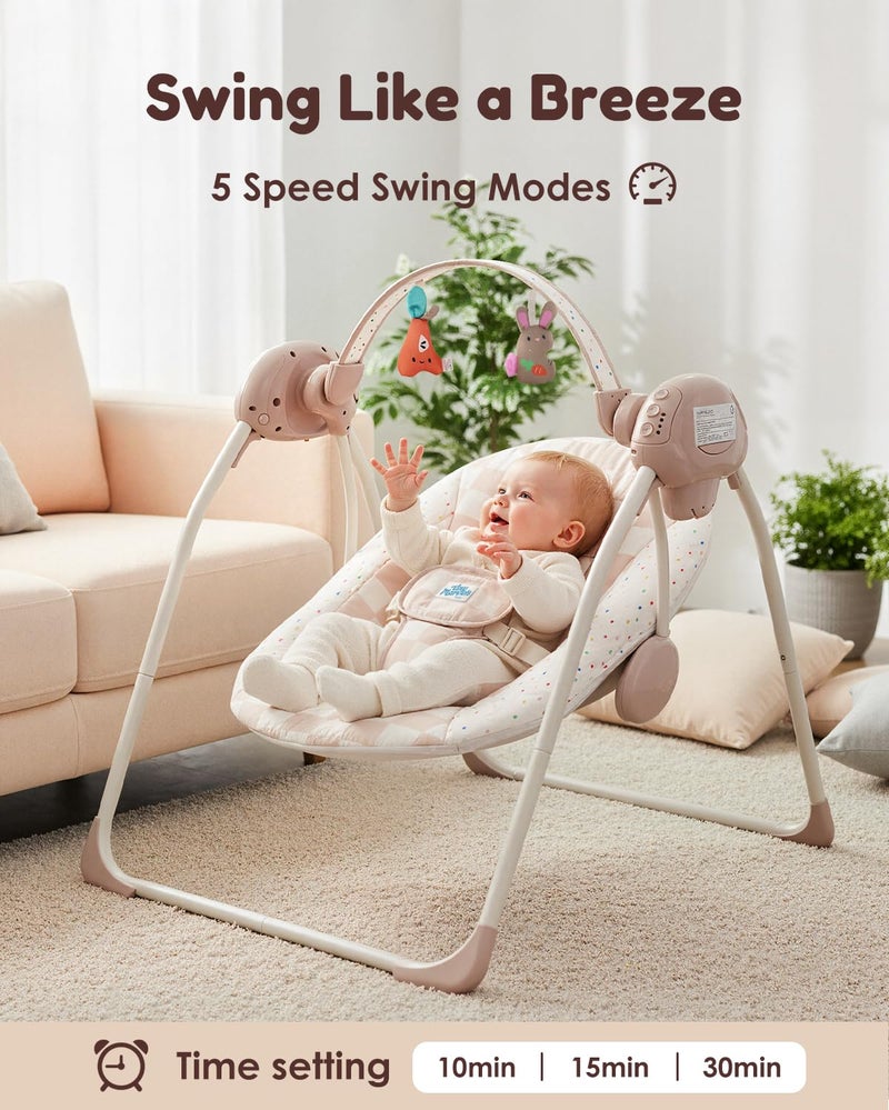 Tiny Marvels Baby Swings for Infants, Tiny Marvels Portable Swing with Adaptable Speed, Music, Removable-Toy-Bar, Foldable Infant Swing for Indoor and Outdoor Use, 0-9 Months 6-20 lbs(Sander Checker) - Image 5