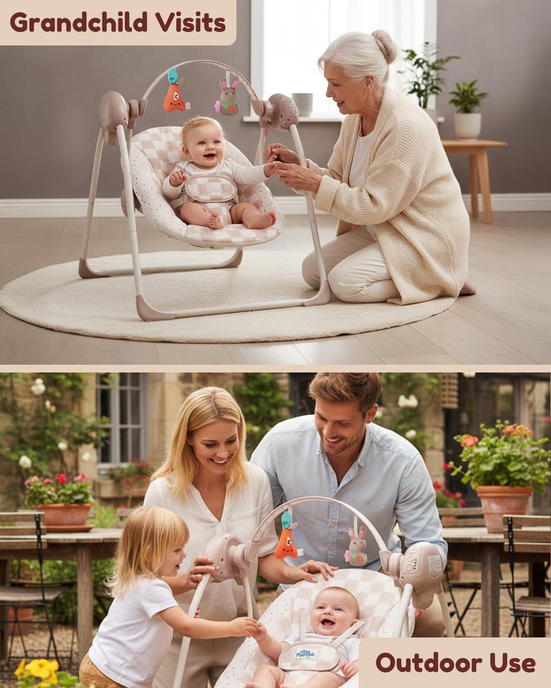 Tiny Marvels Baby Swings for Infants, Tiny Marvels Portable Swing with Adaptable Speed, Music, Removable-Toy-Bar, Foldable Infant Swing for Indoor and Outdoor Use, 0-9 Months 6-20 lbs(Sander Checker) - Image 3