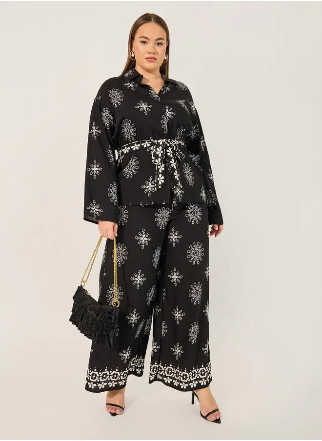 ستايلي Printed oversized Shirt & Wide Leg Trousers Set