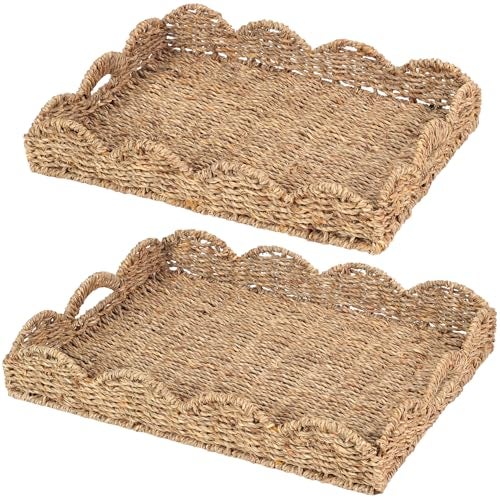 LASIDO 2Pcs - Scalloped Basket, Decorative Basket, Seagrass Tray (17 x 13 x 3 inch - 2Pcs) with Scalloped Edge and Built-in Handles, Rectangle Serving/Rattan/Wicker/Woven/Basket Tray - Image 1