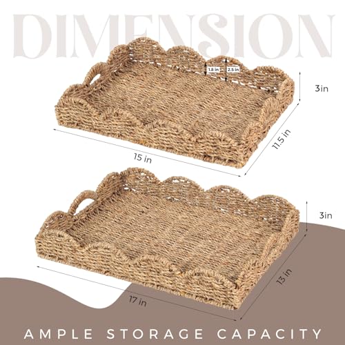 LASIDO 2Pcs - Scalloped Basket, Decorative Basket, Seagrass Tray (17 x 13 x 3 inch - 2Pcs) with Scalloped Edge and Built-in Handles, Rectangle Serving/Rattan/Wicker/Woven/Basket Tray - Image 2