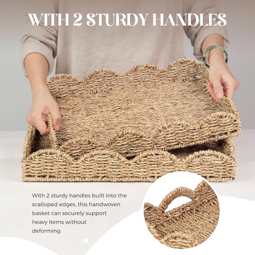LASIDO 2Pcs - Scalloped Basket, Decorative Basket, Seagrass Tray (17 x 13 x 3 inch - 2Pcs) with Scalloped Edge and Built-in Handles, Rectangle Serving/Rattan/Wicker/Woven/Basket Tray - Image 4