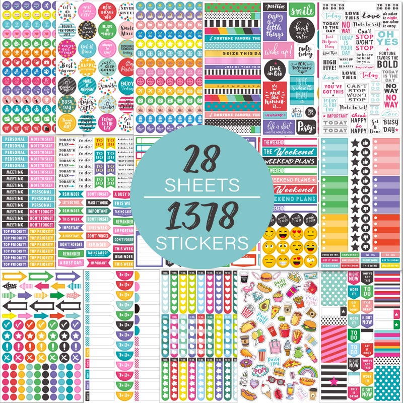 MaaIbok Planner Stickers Pack - 28 Sheets / 1378 Stickers, Stylish Variety Assortment Bundle Planner Accessories for Planning or Decorating Planners, Journals & Calendars, Re-stic as Special Design - Image 1