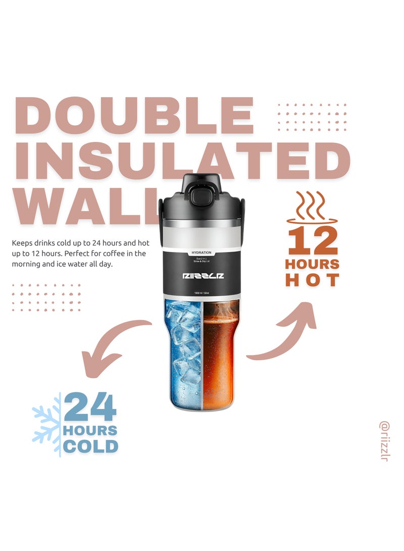 RIIZZLR® 1000ml Insulated Water Bottle Tumbler with 2-in-1 Straw & Sip Lid – Stainless Steel Vacuum Flask, Double Wall, BPA-Free, Leakproof, Wide Mouth, Keeps Drinks Hot 12H / Cold 24H - Image 4