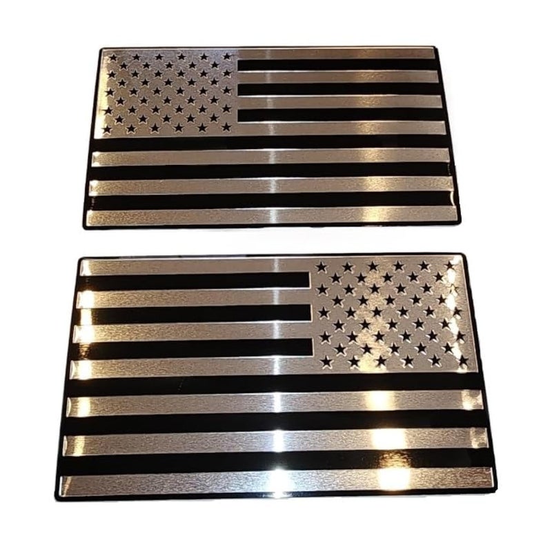 Muzzys (Set of Two) 3"x5" Chrome and Black Aluminum Embossed Left & Right American Flag Decal Emblem Sticker Badge United States Stick On Fender Bed Car Truck Window Glass USA - Image 1
