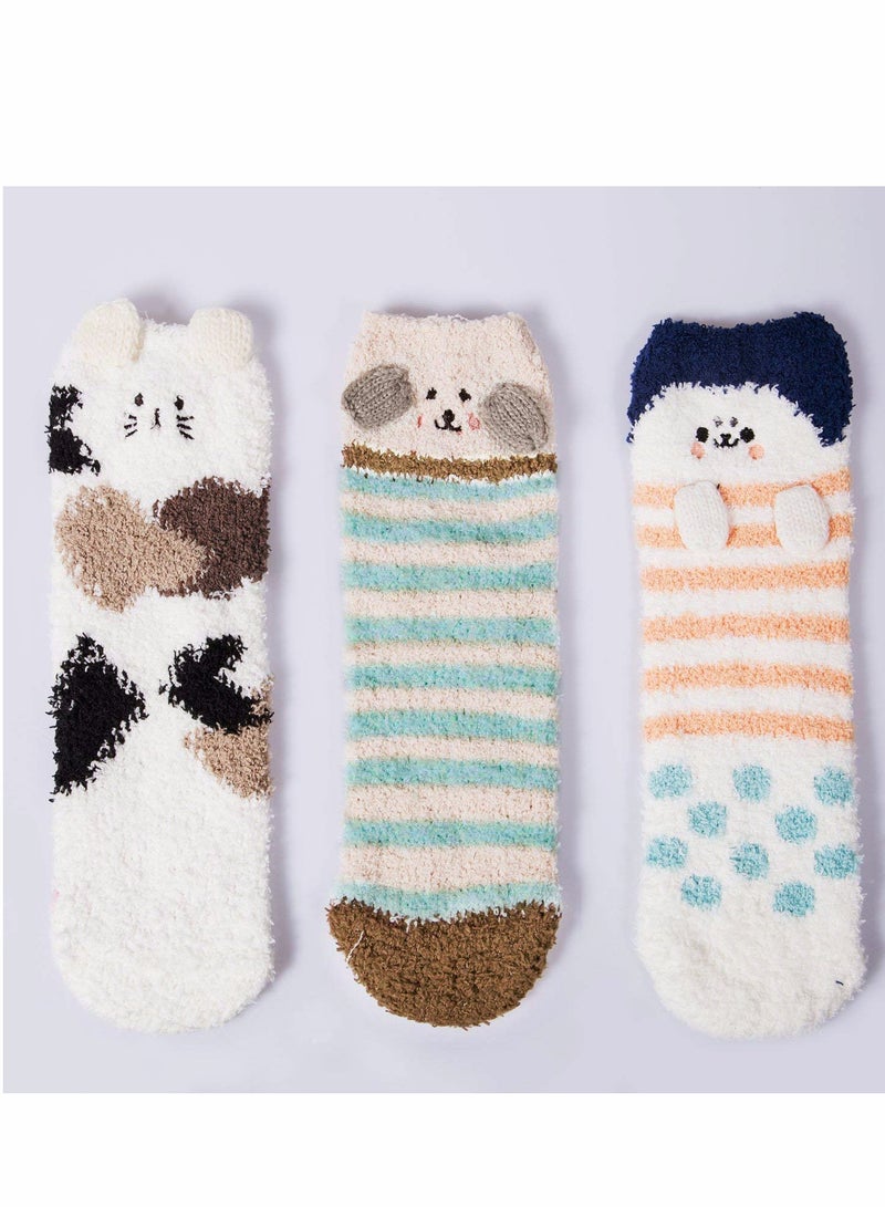 سيوسي 3 أزواج من الجوارب النسائية الغامضة، شبشب شتوي دافئ منفوش ناعم، نوم منزلي لطيف على شكل حيوان، جوارب نسائية مريحة منفوش، قطيفة مريحة، رياضية - Image 1