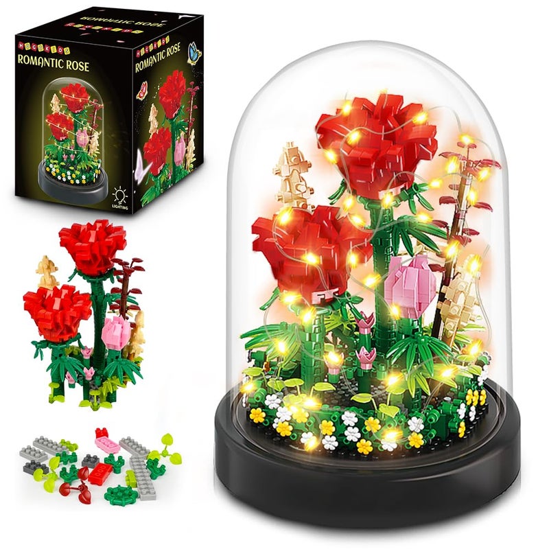 HOGOKIDS Flower Bouquet Building Set with LED Lighting - 596 PCS Red Rose Kits with Cover Botanical Building Blocks | Birthday Mini Bricks Easter Gifts for Kids Girls Teens Adults Home Decor Display - Image 1