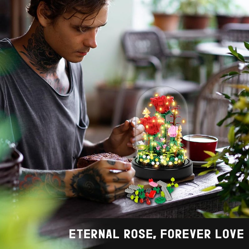 HOGOKIDS Flower Bouquet Building Set with LED Lighting - 596 PCS Red Rose Kits with Cover Botanical Building Blocks | Birthday Mini Bricks Easter Gifts for Kids Girls Teens Adults Home Decor Display - Image 3