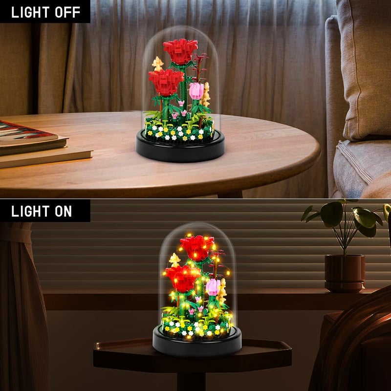 HOGOKIDS Flower Bouquet Building Set with LED Lighting - 596 PCS Red Rose Kits with Cover Botanical Building Blocks | Birthday Mini Bricks Easter Gifts for Kids Girls Teens Adults Home Decor Display - Image 4