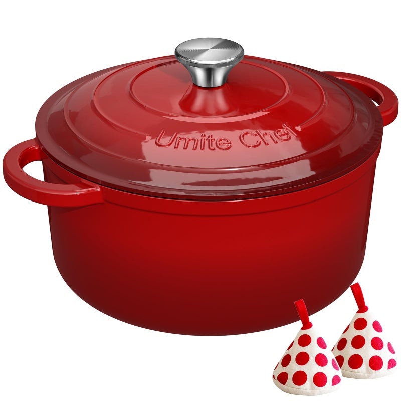Umite Chef Enameled Cast Iron Dutch Oven - Umite Chef 5QT Pot with Lid & Cotton Potholders - Heavy-Duty Cookware for Bread Baking, Braising, Stews, Roasting(Red) - Image 1