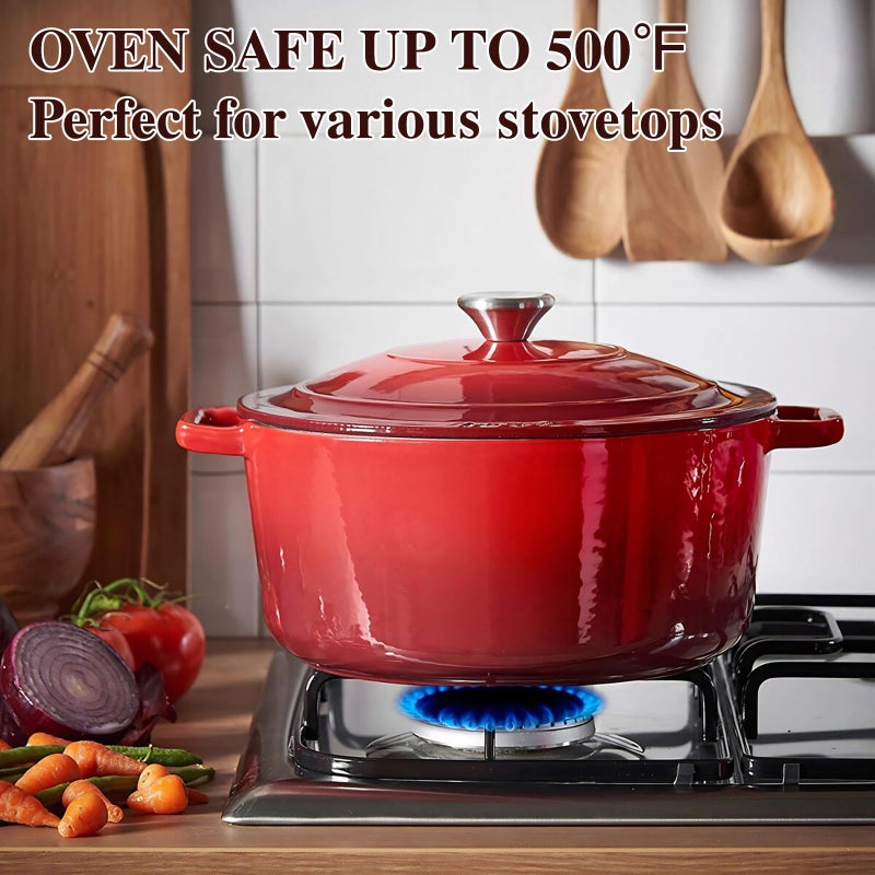 Umite Chef Enameled Cast Iron Dutch Oven - Umite Chef 5QT Pot with Lid & Cotton Potholders - Heavy-Duty Cookware for Bread Baking, Braising, Stews, Roasting(Red) - Image 5