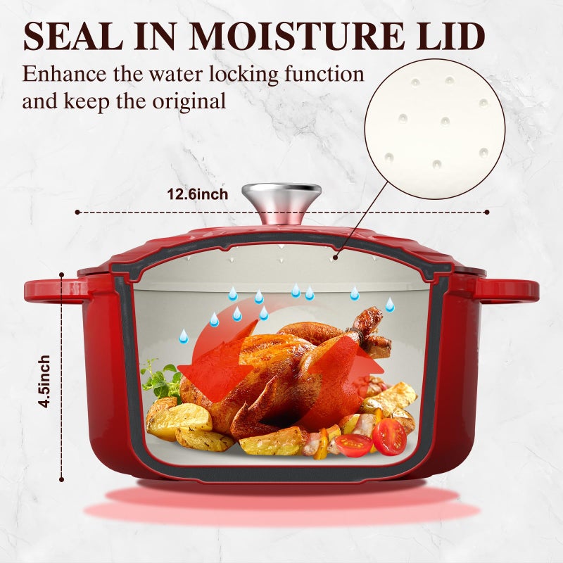 Umite Chef Enameled Cast Iron Dutch Oven - Umite Chef 5QT Pot with Lid & Cotton Potholders - Heavy-Duty Cookware for Bread Baking, Braising, Stews, Roasting(Red) - Image 2