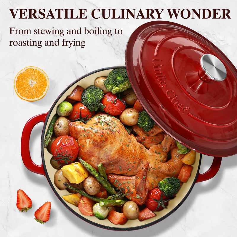 Umite Chef Enameled Cast Iron Dutch Oven - Umite Chef 5QT Pot with Lid & Cotton Potholders - Heavy-Duty Cookware for Bread Baking, Braising, Stews, Roasting(Red) - Image 4