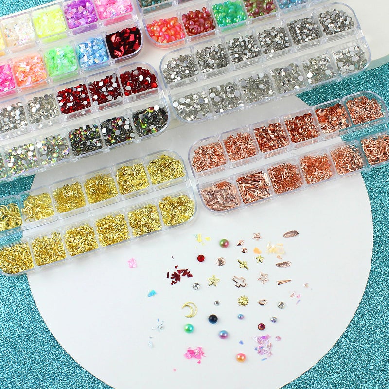Artdone Nail Art Studs Kit, 6 boxes Multicolor And Design 3D Charms Pearls With 15 Sheets Gold Nail Stickers, Diamond Cute Nail Jewels For DIY Decoration with Pickup Tools - Image 4