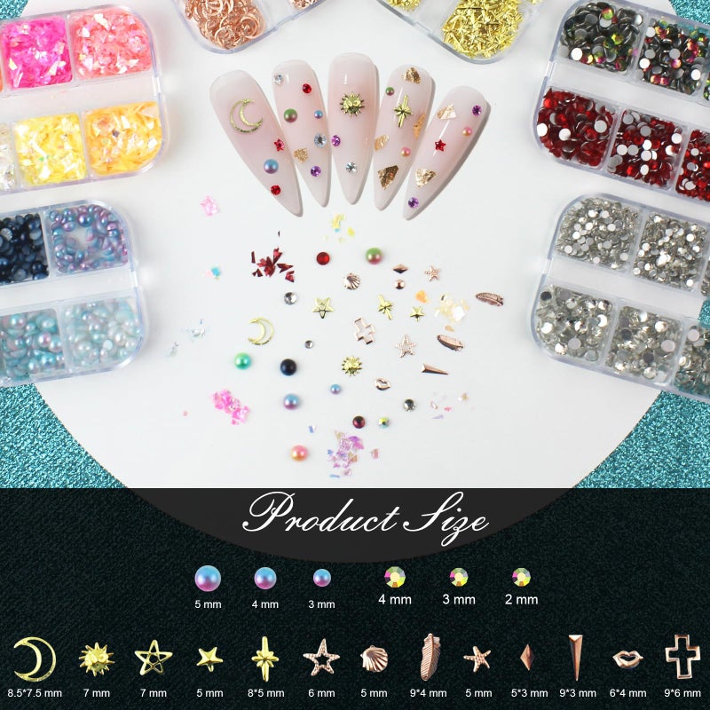 Artdone Nail Art Studs Kit, 6 boxes Multicolor And Design 3D Charms Pearls With 15 Sheets Gold Nail Stickers, Diamond Cute Nail Jewels For DIY Decoration with Pickup Tools - Image 5