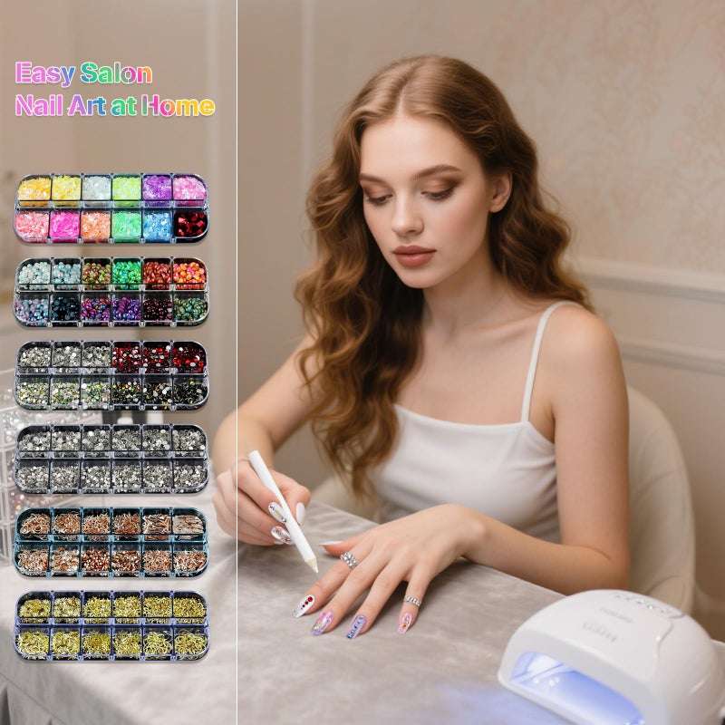 Artdone Nail Art Studs Kit, 6 boxes Multicolor And Design 3D Charms Pearls With 15 Sheets Gold Nail Stickers, Diamond Cute Nail Jewels For DIY Decoration with Pickup Tools - Image 2