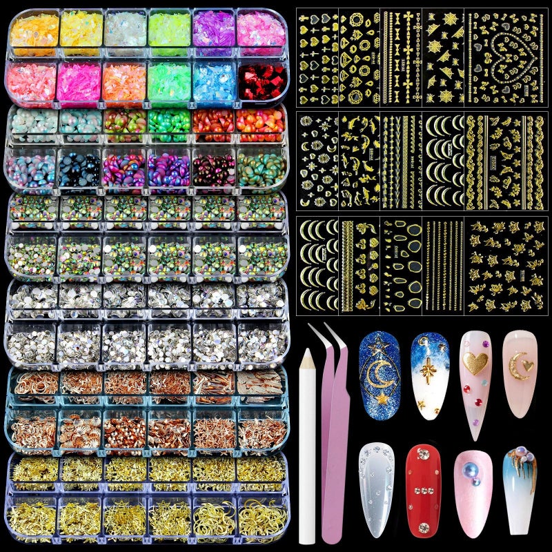 Artdone Nail Art Studs Kit, 6 boxes Multicolor And Design 3D Charms Pearls With 15 Sheets Gold Nail Stickers, Diamond Cute Nail Jewels For DIY Decoration with Pickup Tools - Image 1