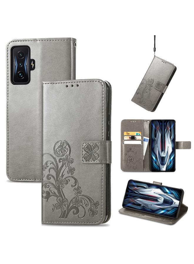 The Bros Case For Xiaomi Redmi K50 Gaming Four-leaf Clasp Embossed Buckle Leather Phone Case