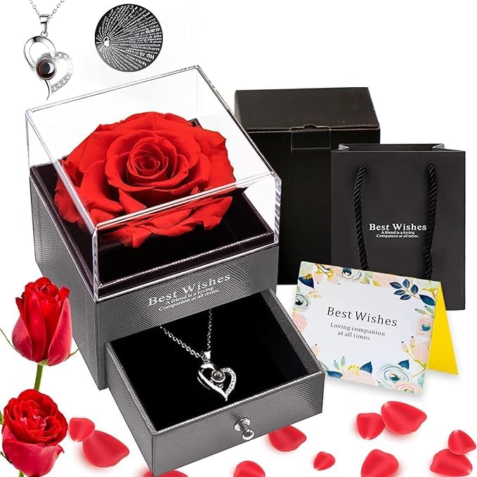 PRIMIL Preserved Rose with Heart Love You Necklace in 100 Languages Gift Set Flower Gift for Girlfriend Wife Mom on Mothers Day Valentines Day Anniversary Christmas Birthday Gift for Women - Image 1