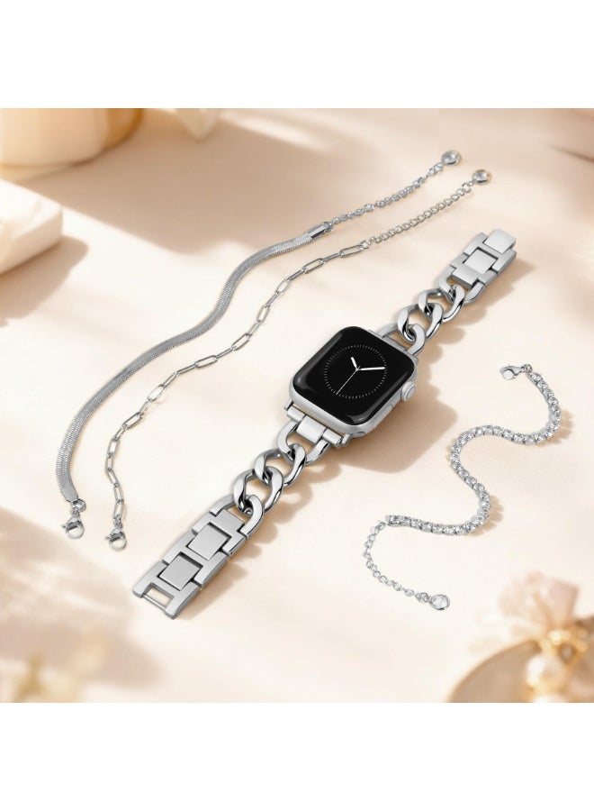 Nicor Metal Band Compatible with Apple Watch Band Silver Watch Bands and 3Pcs Bracelet Set for Women Compatible with Apple Watch 38mm 40mm 41mm 42mm(S10/11) Adjustable Metal Dressy Single Chain Strap for iWatch Series 11/10/9/8/7/6/5/4/SE/3/2/1 - Image 2