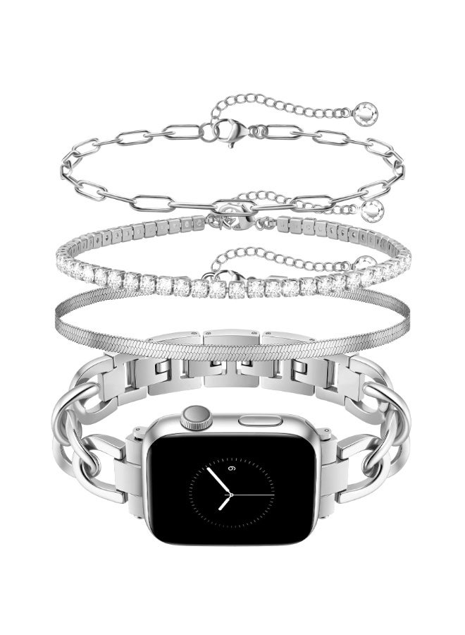 Nicor Metal Band Compatible with Apple Watch Band Silver Watch Bands and 3Pcs Bracelet Set for Women Compatible with Apple Watch 38mm 40mm 41mm 42mm(S10/11) Adjustable Metal Dressy Single Chain Strap for iWatch Series 11/10/9/8/7/6/5/4/SE/3/2/1 - Image 1