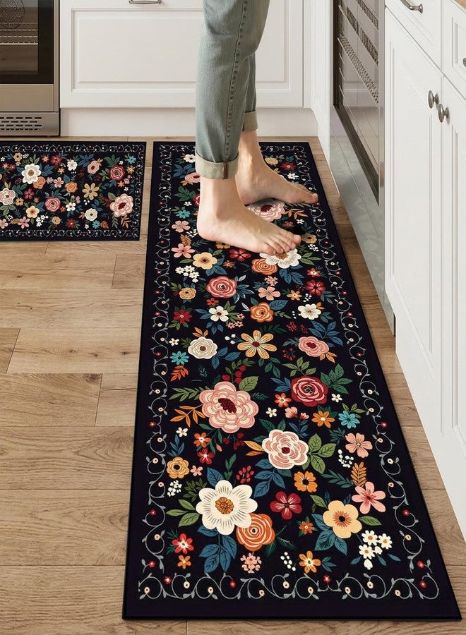 MASHDE Kitchen Rugs Sets of 2 PCS, Non Slip Washable Kitchen Mats for Floor, Low Pile Soft Boho Floral Rug Runner for Home Decor (Black, 17.3"x46"+17.3"x29") - Image 1