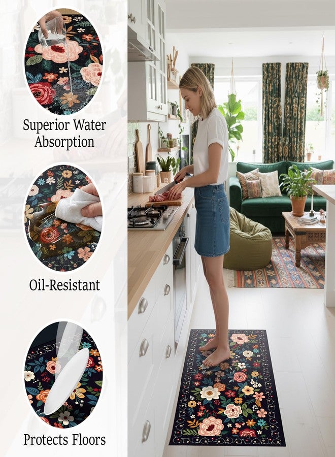 MASHDE Kitchen Rugs Sets of 2 PCS, Non Slip Washable Kitchen Mats for Floor, Low Pile Soft Boho Floral Rug Runner for Home Decor (Black, 17.3"x46"+17.3"x29") - Image 4
