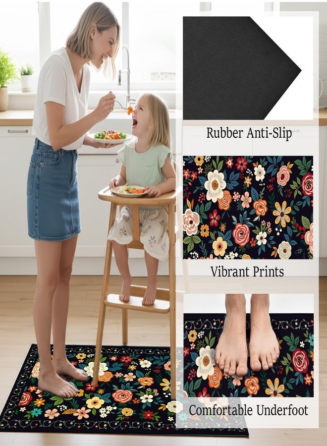 MASHDE Kitchen Rugs Sets of 2 PCS, Non Slip Washable Kitchen Mats for Floor, Low Pile Soft Boho Floral Rug Runner for Home Decor (Black, 17.3"x46"+17.3"x29") - Image 3
