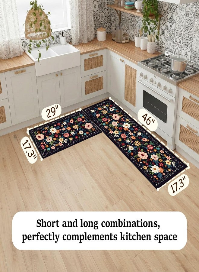 MASHDE Kitchen Rugs Sets of 2 PCS, Non Slip Washable Kitchen Mats for Floor, Low Pile Soft Boho Floral Rug Runner for Home Decor (Black, 17.3"x46"+17.3"x29") - Image 2