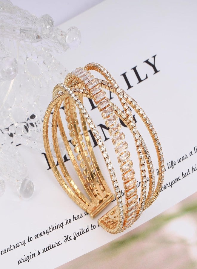 MILAKOO Gold Tennis Chain Rhinestone Band Cuff Stand Layered Bracelet Wedding Prom Cockail Party Cuff - Image 3