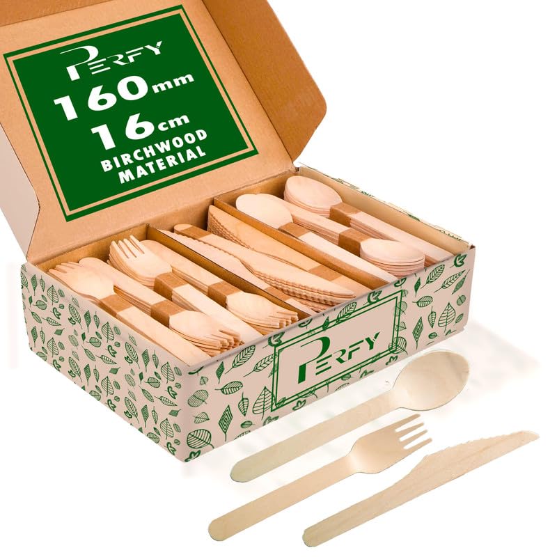 Perfy Disposable Spoons,Knife & Fork Set(160mm)| Wooden Dining Flatware |Cutlery Set| Ideal for Wedding, Party & Kids Birthday(Pack of 100) - Image 1