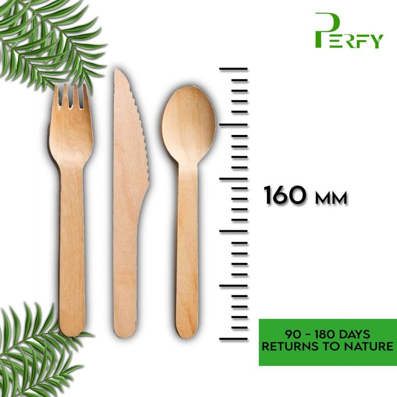 Perfy Disposable Spoons,Knife & Fork Set(160mm)| Wooden Dining Flatware |Cutlery Set| Ideal for Wedding, Party & Kids Birthday(Pack of 100) - Image 3