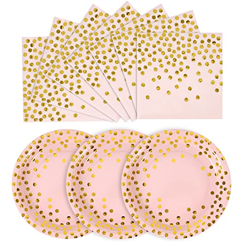 CENLBJ Pink and Gold Paper Plates- 100 Pack- 50 x 7" Dessert Plates & 50 x 6.5" Napkins, Pink Paper Party Supplies for Baby Showers, Birthdays and All Occasions - Image 1