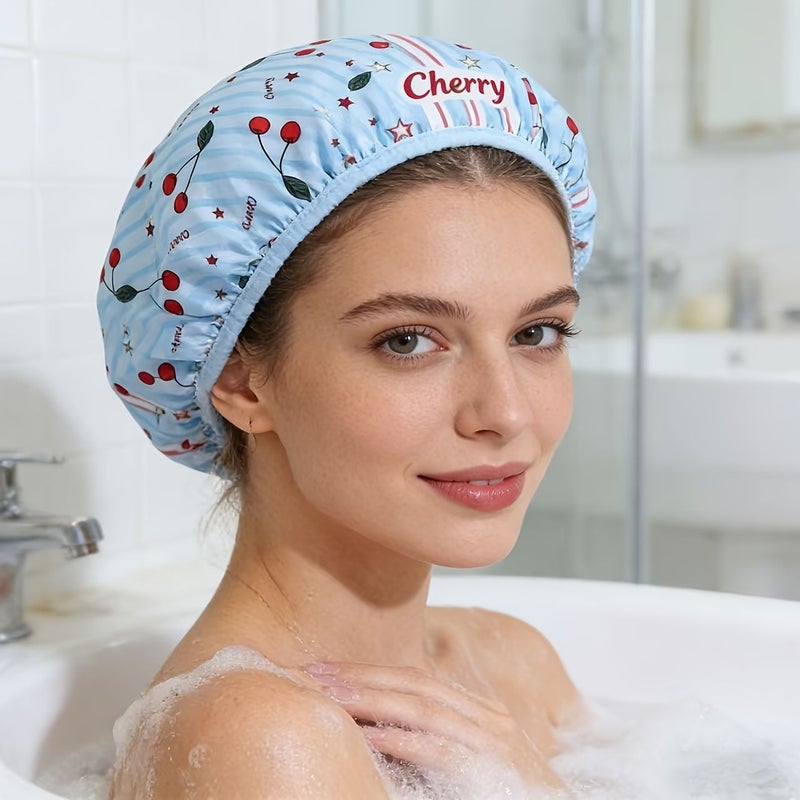 Blue Double Layer Printed Shower Cap For Women Cute Bath Accessories - Image 2