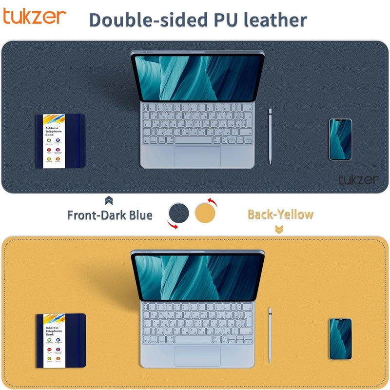 tuKZer Extended Vegan PU Leather Mouse Pad Desk mat Smooth Reversible Dual Color Splash Proof Anti Fray Stitched Edges Non-Slip Mousepad for Laptop Notebook Gaming Computer(Blue & Yellow 90CM X 45CM) - Image 2