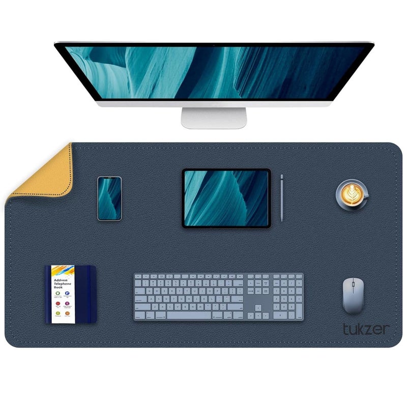 tuKZer Extended Vegan PU Leather Mouse Pad Desk mat Smooth Reversible Dual Color Splash Proof Anti Fray Stitched Edges Non-Slip Mousepad for Laptop Notebook Gaming Computer(Blue & Yellow 90CM X 45CM) - Image 1