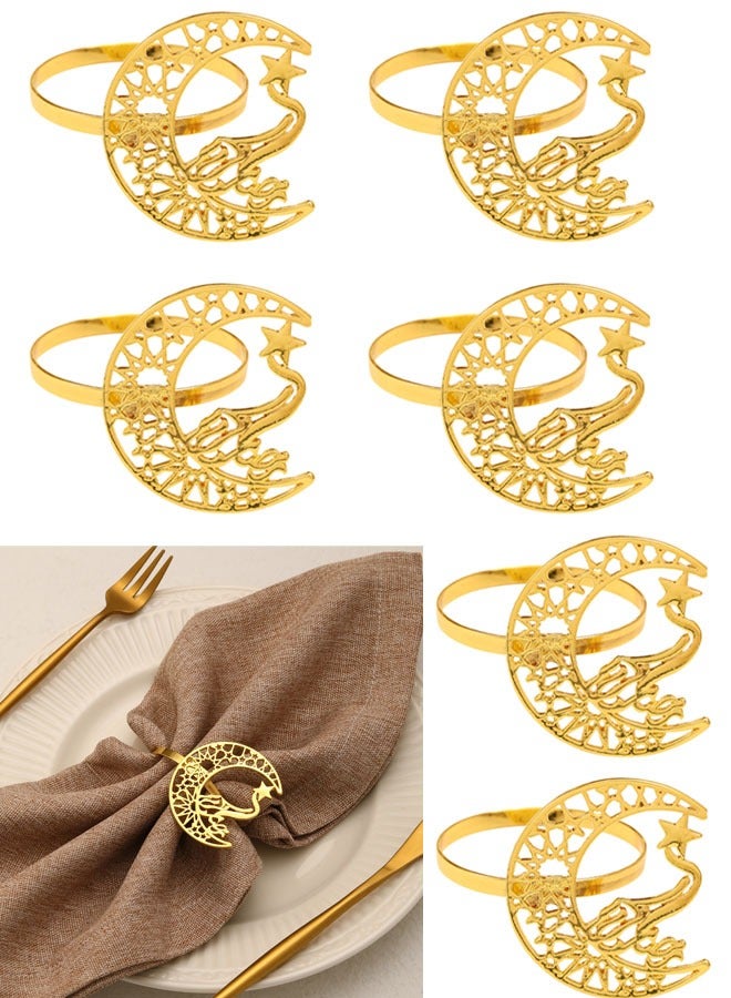 VUCATIN Gold Napkin Rings Set of 6 Eid Mubarak Napkin Ring Alloy Metal Hollow Star Moon Napkin Rings Muslim Islamic Ramadan Napkin Rings - Image 1