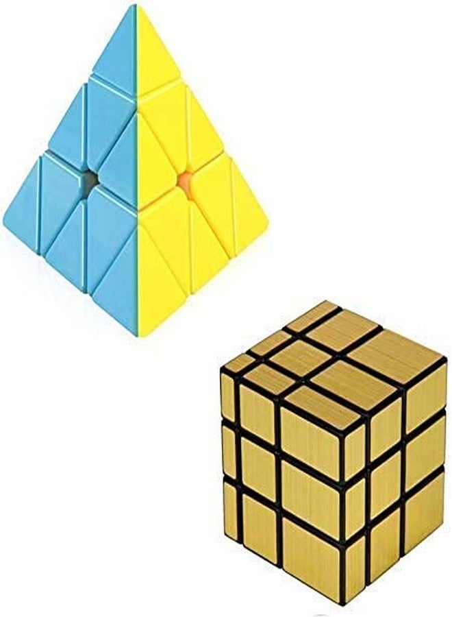 Trade Globe High Speed Stickerless Super Magic Rubix's Cube 3D Brain Teaser Puzzle Game for Beginners and Professionals (Puzzle Cube Set of 2 (Gold Mirror/Pyramid)) - Image 1