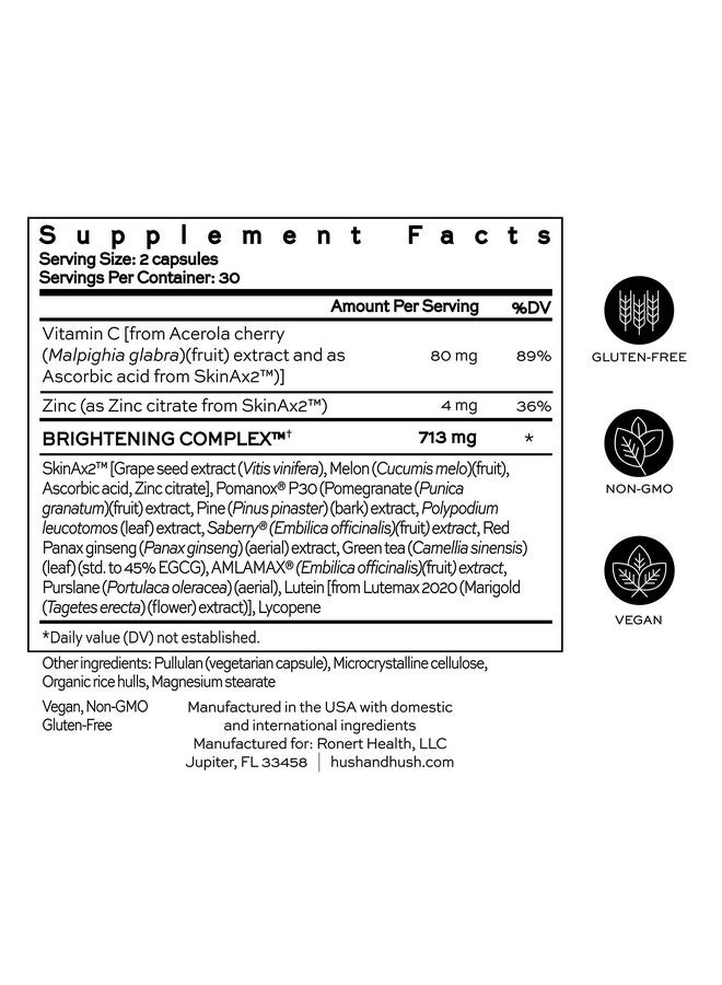 Hush & Hush Hush & Hush SkinCapsule Brighten+ - Skin Brightening Vitamin C Supplement - Glowing Skin Beauty Vitamins - Reduces Dark Spots & Discoloration - Vegan, Non-GMO, Gluten Free - 60 Capsules - Image 3