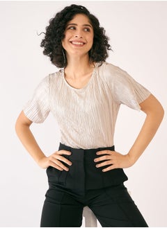 Salt Attire Women's Elegant Golden Peach and Solid Pattern Top with Classic Round Neckline and Stylish Half Length Sleeves Perfect for Effortless Day-to-Night Style  - Image 1