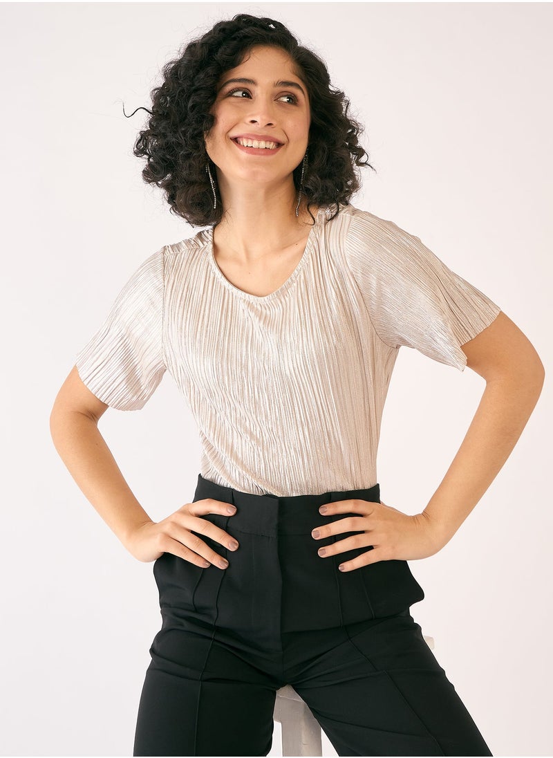 Salt Attire Elegant Golden Peach and Solid Pattern Top with Classic Round Neckline and Stylish Half Length Sleeves Perfect for Effortless Day-to-Night Style  - Image 1