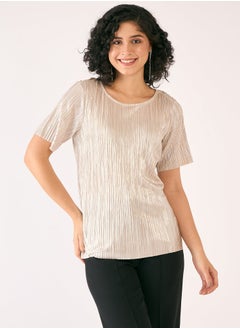 Salt Attire Women's Elegant Golden Peach and Solid Pattern Top with Classic Round Neckline and Stylish Half Length Sleeves Perfect for Effortless Day-to-Night Style  - Image 2