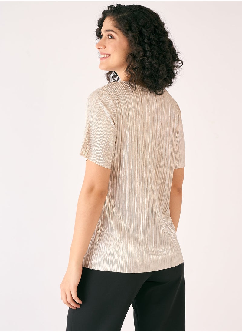 Salt Attire Elegant Golden Peach and Solid Pattern Top with Classic Round Neckline and Stylish Half Length Sleeves Perfect for Effortless Day-to-Night Style  - Image 4