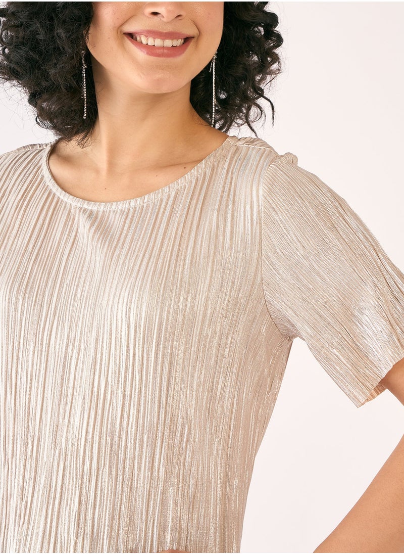 Salt Attire Elegant Golden Peach and Solid Pattern Top with Classic Round Neckline and Stylish Half Length Sleeves Perfect for Effortless Day-to-Night Style  - Image 5