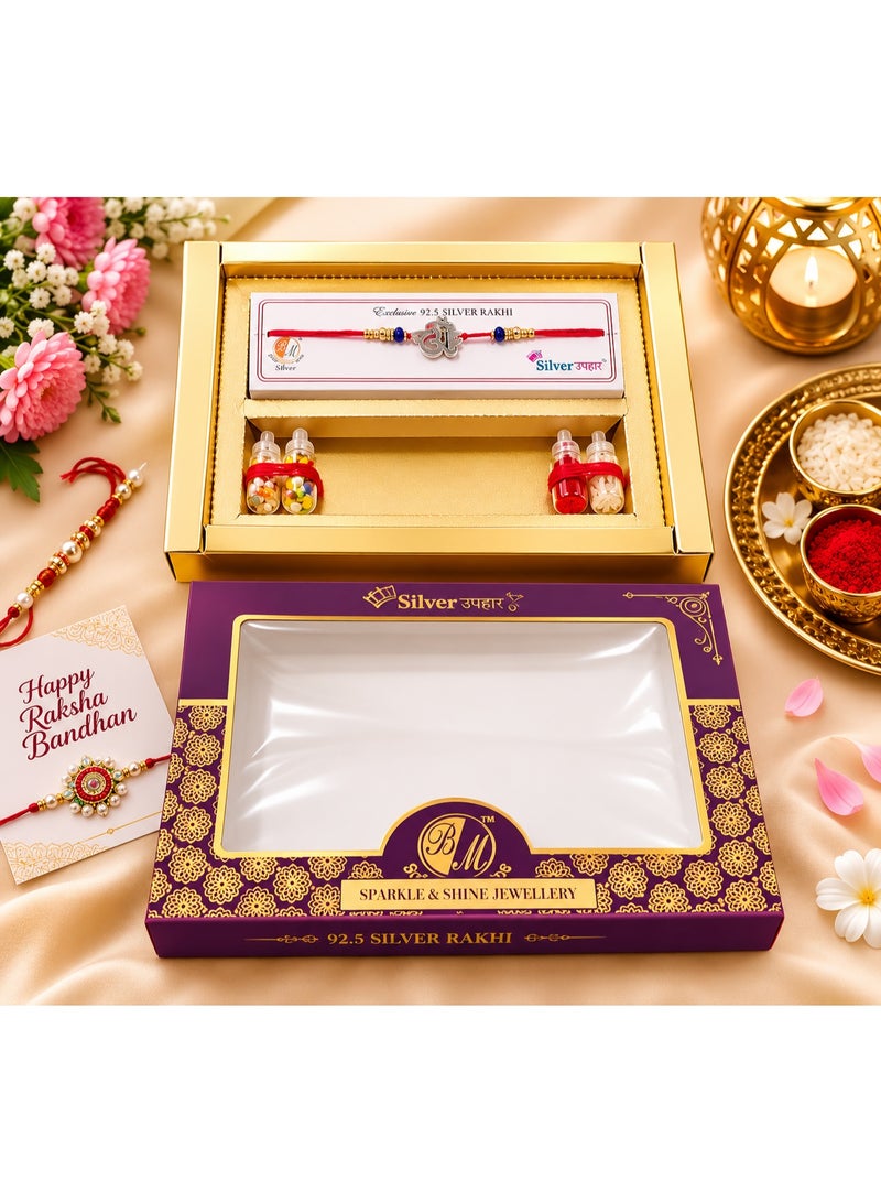 Premium 92.5 Sterling Silver Designer Rakhi Gift Set for Brother with Roli Chawal Tilak Kit in Luxury Gift Box.