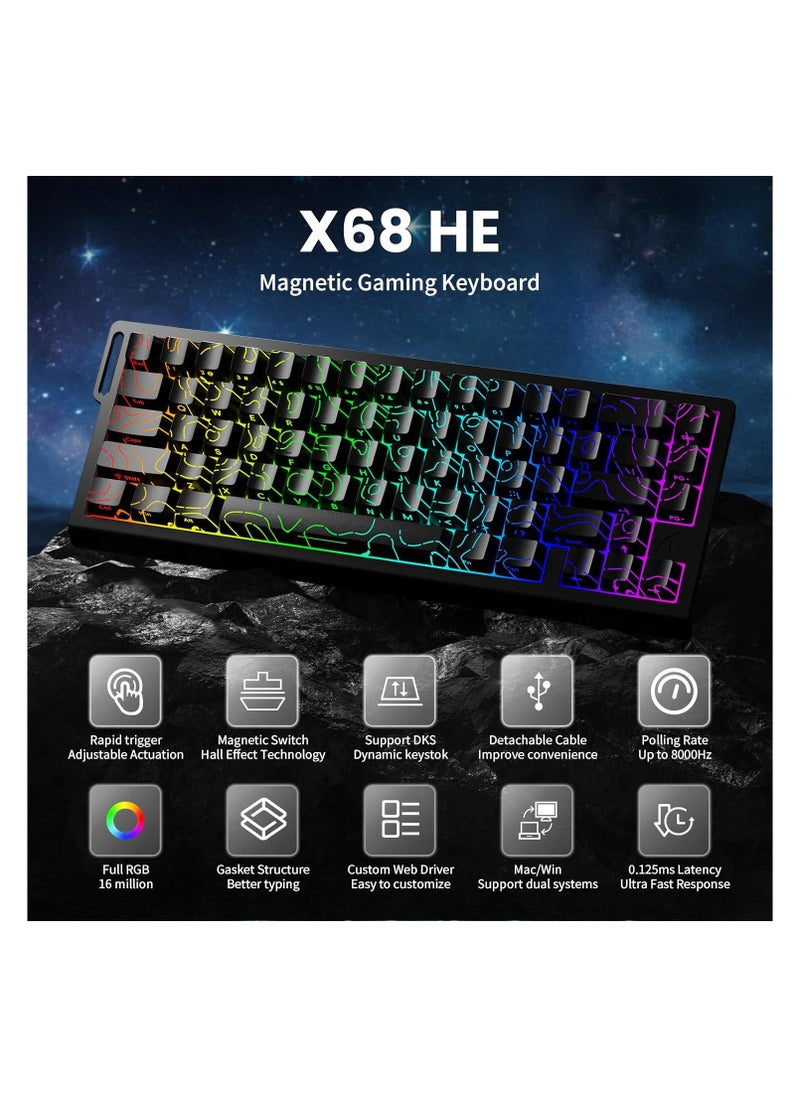Attack Shark - ATTACK SHARK X68 HE 60% Wired Gaming Keyboard Rapid Trigger,Actuation Point Adjustable, Magnetic Switch Up to 8K HZ,PBT Keycaps for Win/Mac,RGB Mechanical Keyboard with Coiled Cable-Black Contour - Image 1